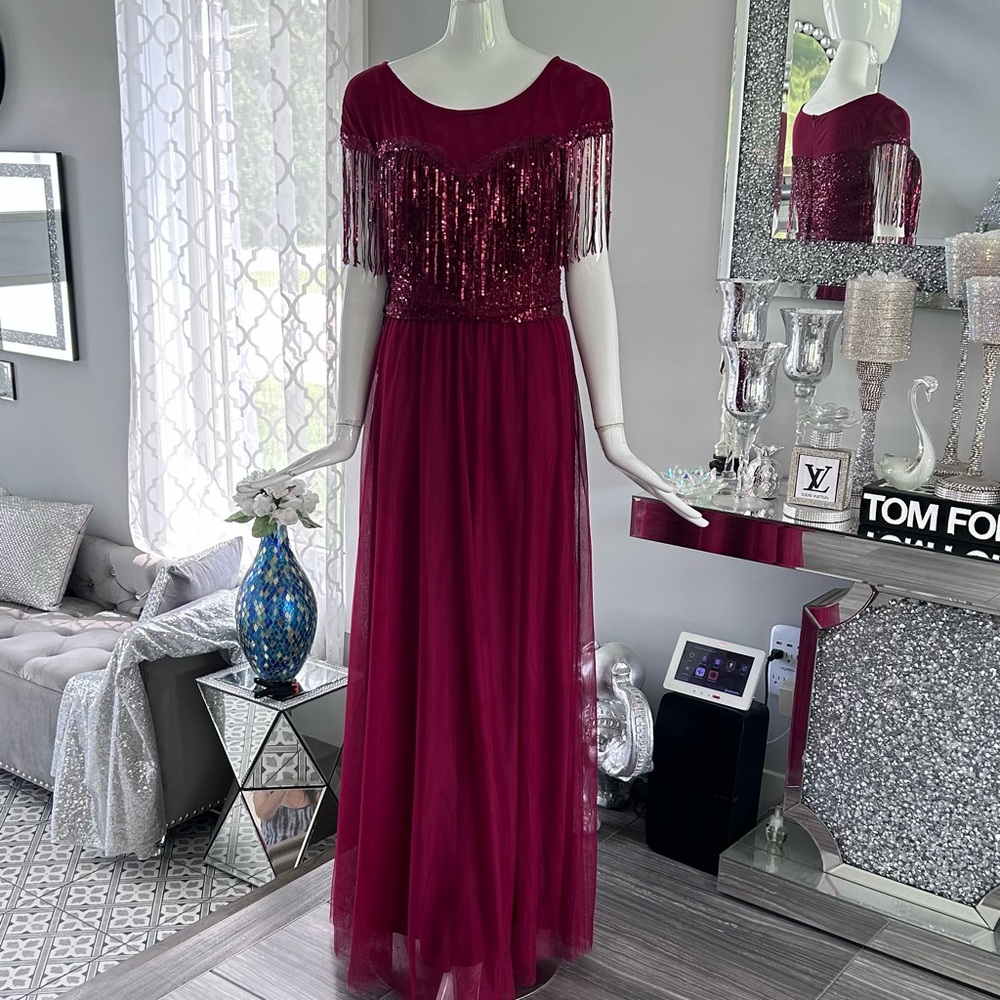 Clearance Price 📣 New 🪭 Burgundy Fringe Sequin and Tulle Dress